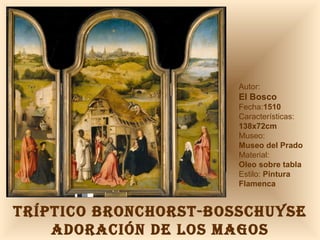 TRÍPTICO BRONCHORST-BOSSCHUYSE ADORACIÓN DE LOS MAGOS Autor:  El Bosco Fecha: 1510 Características: 138x72cm Museo: Museo del Prado Material:  Oleo sobre tabla Estilo:  Pintura Flamenca 