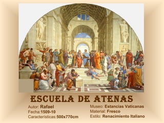 ESCUELA DE ATENAS Autor:  Rafael Fecha: 1509-10  Características: 500x770cm Museo:  Estancias Vaticanas Material:  Fresco Estilo:  Renacimiento Italiano 