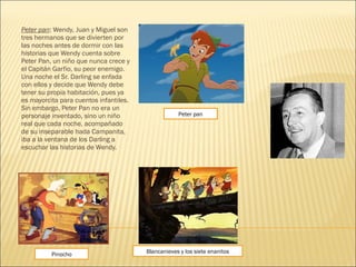 Peter pan: Wendy, Juan y Miguel son
tres hermanos que se divierten por
las noches antes de dormir con las
historias que Wendy cuenta sobre
Peter Pan, un niño que nunca crece y
el Capitán Garfio, su peor enemigo.
Una noche el Sr. Darling se enfada
con ellos y decide que Wendy debe
tener su propia habitación, pues ya
es mayorcita para cuentos infantiles.
Sin embargo, Peter Pan no era un
personaje inventado, sino un niño
real que cada noche, acompañado
de su inseparable hada Campanita,
iba a la ventana de los Darling a
escuchar las historias de Wendy.
Blancanieves y los siete enanitosPinocho
Peter pan
 