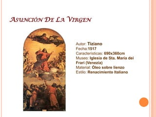 Apóstol Santiago PeregrinoAutor: TizianoFecha:1565Características: 231x137cmMuseo: Iglesia de San León de VeneziaMaterial: Óleo sobre lienzoEstilo: Renacimiento Italiano