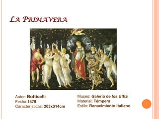 Nacimiento De venusAutor: BotticelliFecha:1485Características: 172,5x278,5cmMuseo: Galería de los UffiziMaterial: Témpera sobre lienzoEstilo: Renacimiento Italiano