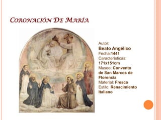 Beato AngélicoMás conocido como FraAngelico O.P. o Fray Juan de Fiésole O.P  (24 de junio de 1390 c. – Roma 18 de febrero de 1455), pintor cuatrocentista italiano que supo combinar la vida de fraile dominico con la de pintor consumado. Fue llamado Angélico por su temática religiosa, la serenidad de sus obras y porque era un hombre de extraordinaria devoción. Fue beatificado por Juan Pablo II en 1982 pasando a ser el "Beato Fra Angélico". Combinó la elegancia decorativa del gótico con el estilo más realista de otros maestros del renacimiento como el pintor Masaccio y aplicó también las teorías sobre la perspectiva de León Battista Alberti. Las expresiones de devoción en los rostros son muy logradas, así como la utilización del color que consigue dar mayor intensidad emotiva a la obra. Su maestría en la creación de figuras monumentales, en la representación del movimiento y en la capacidad para crear planos de profundidad a través de la perspectiva lineal, especialmente en los frescos realizados en Roma, lo confirman como uno de los pintores más importantes del primer renacimiento. En el Museo del Prado de Madrid se conserva una de sus obras más representativas: La Anunciación (1430-1432), realizada para el convento dominico de Fiesole. El Museo Thyssen-Bornemisza posee La Virgen de la humildad, depositada en el MNAC de Barcelona. Los duques de Alba poseen en el Palacio de Liria otra obra de FraAngelico, La Virgen de la granada, adquirida por un antepasado suyo en Florencia hacia 1816.
