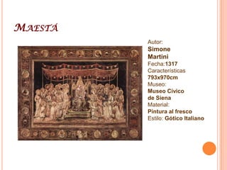 San Luís De Tolosa Coronando A Roberto De Anjou, Rey De NápolesAutor: SimoneMartiniFecha:1317Característica:250x118cmMuseo:Museo Cívico de SienaMaterial: Pintura sobre tablaEstilo: Gótico Italiano