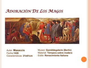 MasaccioTommaso di ser Giovanni di Mone Cassai llamado Masaccio (21 de diciembre de 1401 – Roma, otoño de 1428) fue un pintor cuatrocentista italiano. Su obra tuvo una importancia decisiva en la historia de la pintura. Fue el primero en aplicar a la pintura las leyes de la perspectiva científica, desarrolladas por Brunelleschi. Sus primeros contactos artísticos fueron en Roma, hacia 1417 se traslada a Florencia, acompañado de su madre, viuda de su segundo matrimonio. El 7 de enero de 1422 aparece inscrito en el gremio de médicos, boticarios y pintores de la ciudad, relacionándose con Donatello y Brunelleschi, como se observa en el Tríptico de San Giovenale, su primera obra conocida. También trabaja en el fresco de La Consagración para la iglesia del Carmine. En 1424 se inscribe en la "Compagnia di San Luca" e inicia sus relaciones con Masolino, con quien trabaja en algunas obras como la Santa Ana, Virgen con Niño y ángeles y en la decoración de la capilla Brancacci, su obra maestra. La ejecución de los frescos se prolongará hasta 1428, trabajos que compagina con otros encargos Gracias al catastro de 1427 sabemos que Masaccio vivía con su hermano Giovanni y su madre en una casa alquilada de la ViadeiServi y que ocupaba un taller en la actual Piazza di San Firenze. En 1428 se traslada a Roma para colaborar nuevamente con Masolino en la ejecución de un tríptico que no llegó a finalizar ya que falleció misteriosamente ese mismo año. Su estilo destacará por sus figuras monumentales. Aporta un elevado interés hacia la perspectiva científica al dotar de un nuevo sentido del espacio a sus composiciones, la expresión de sus personajes y el empleo de la iluminación, que transmiten a sus obras un lenguaje crucial para la evolución de la pintura renacentista, considerándose como el primer maestro del Quattrocento.