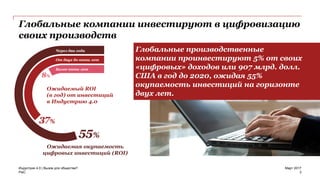 PwC
Глобальные компании инвестируют в цифровизацию
своих производств
Индустрия 4.0 | Вызов для общества?
3
Март 2017
Ожидаемый ROI
(в год) от инвестиций
в Индустрию 4.0
Через два года
От двух до пяти лет
Более пяти лет
Ожидаемая окупаемость
цифровых инвестиций (ROI)
Глобальные производственные
компании проинвестируют 5% от своих
«цифровых» доходов или 907 млрд. долл.
США в год до 2020, ожидая 55%
окупаемость инвестиций на горизонте
двух лет.
 