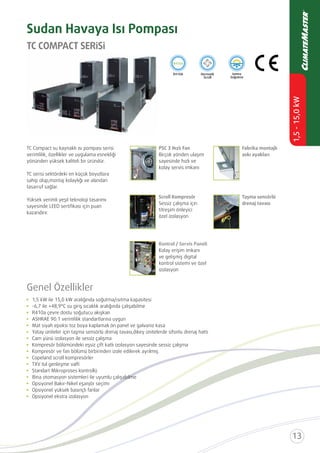 TC COMPACT SERİSİ
Sudan Havaya Isı Pompası
TC Compact su kaynaklı ısı pompası serisi
verimlilik, özellikler ve uygulama esnekliği
yönünden yüksek kaliteli bir üründür.
TC serisi sektördeki en küçük boyutlara
sahip olup,montaj kolaylığı ve alandan
tasarruf sağlar.
Yüksek verimli yeşil teknoloji tasarımı
sayesinde LEED sertiﬁkası için puan
kazandırır.
Birçok yönden ulaşım
sayesinde hızlı ve
kolay servis imkanı
Fabrika montajlı
askı ayakları
Scroll Kompresör
Sessiz çalışma için
titreşim önleyici
özel izolasyon
Taşma sensörlü
drenaj tavası
Kontrol / Servis Paneli
Kolay erişim imkanı
ve gelişmiş digital
kontrol sistemi ve özel
izolasyon
Genel Özellikler
a çevre dostu soğutucu akışkan
ASHR
Mat siyah epoksi toz boya kaplamalı ön panel ve galvaniz kasa
Yatay üniteler için taşma sensörlü drenaj tavası,dikey ünitelerde sifonlu drenaj hattı
Cam yünü izolasyon ile sessiz çalışma
Kompresör bölümündeki eşsiz çift katlı izolasyon sayesinde sessiz çalışma
Kompresör ve fan bölümü birbirinden izole edilerek ayrılmış.
Copeland scroll kompresörler
TXV Isıl genleşme valﬁ
Standart Mikroproses kontrollü
Opsiyonel Bakır-Nikel eşanjör seçimi
Opsiyonel yüksek basınçlı fanlar
Opsiyonel ekstra izolasyon
Bina
 