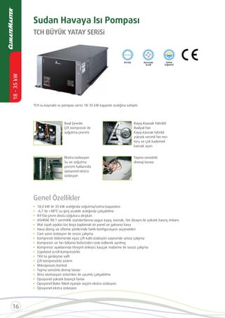 TCH BÜYÜK YATAY SERİSİ
Sudan Havaya Isı Pompası
Genel Özellikler
Mat siyah epoksi toz boya kaplamalı ön panel ve galvaniz kasa
Hava dönüş ve üﬂeme yönlerinde farklı konﬁgurasyon seçenekleri
Cam yünü izolasyon ile sessiz çalışma
Kompresör bölümünde eşsiz çift katlı izolasyon sayesinde sessiz çalışma
Kompresör ve fan bölümü birbirinden izole edilerek ayrılmış
Kompresör ayaklarında titreşim önleyici kauçuk malzeme ile sessiz çalışma
Copeland scroll kompresörler
TXV Isı genleşme valﬁ
Çift kompresörlü sistem
Mikroproses kontrol
Taşma sensörlü drenaj tavası
Opsiyonel yüksek basınçlı fanlar
Opsiyonel Bakır-Nikel eşanjör seçimi ekstra izolasyon
Opsiyonel ekstra izolasyon
Dual Çevrim
Çift kompresör ile
soğutma çevrimi
Kayış Kasnak Tahrikli
Radyal Fan
Kayış-kasnak tahrikli
yüksek verimli fan mo-
toru ve çok kademeli
kasnak ayarı
Ekstra izolasyon
Su ve soğutma
çevrimi hatlarında
opsiyonel ekstra
izolasyon
Taşma sensörlü
drenaj tavası
Bina
 
