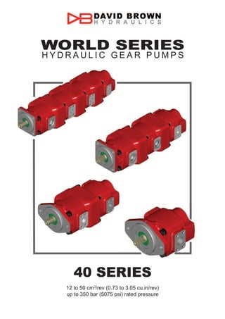 WORLD SERIES
HYDRAULIC GEAR PUMPS




      40 SERIES
   12 to 50 cm3/rev (0.73 to 3.05 cu.in/rev)
   up to 350 bar (5075 psi) rated pressure
 