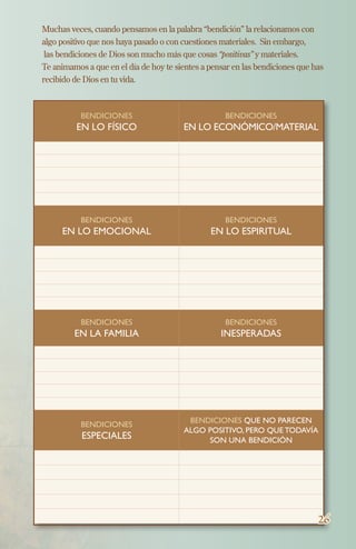Muchas veces, cuando pensamos en la palabra “bendición” la relacionamos con
algo positivo que nos haya pasado o con cuestiones materiales. Sin embargo,
las bendiciones de Dios son mucho más que cosas “positivas” y materiales.
Te animamos a que en el día de hoy te sientes a pensar en las bendiciones que has
recibido de Dios en tu vida.
Bendiciones
en lo físico
Bendiciones
en lo económico/material
Bendiciones
en lo emocional
Bendiciones
en lo espiritual
Bendiciones
en la familia
Bendiciones
inesperadas
Bendiciones
especiales
Bendiciones que no parecen
algo positivo, pero que todavía
son una bendición
26
 