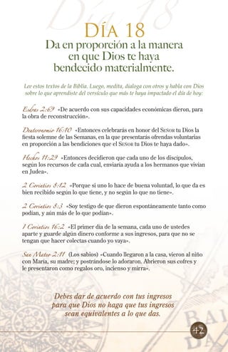 Día 18
Día 18
Da en proporción a la manera
en que Dios te haya
bendecido materialmente.
Lee estos textos de la Biblia. Luego, medita, dialoga con otros y habla con Dios
sobre lo que aprendiste del versículo que más te haya impactado el día de hoy:
Esdras 2:69 «De acuerdo con sus capacidades económicas dieron, para
la obra de reconstrucción».
Deuteronomio 16:10 «Entonces celebrarás en honor del Señor tu Dios la
fiesta solemne de las Semanas, en la que presentarás ofrendas voluntarias
en proporción a las bendiciones que el Señor tu Dios te haya dado».
Hechos 11:29 «Entonces decidieron que cada uno de los discípulos,
según los recursos de cada cual, enviaría ayuda a los hermanos que vivían
en Judea».
2 Corintios 8:12 «Porque si uno lo hace de buena voluntad, lo que da es
bien recibido según lo que tiene, y no según lo que no tiene».
2 Corintios 8:3 «Soy testigo de que dieron espontáneamente tanto como
podían, y aún más de lo que podían».
I Corintios 16:2 «El primer día de la semana, cada uno de ustedes
aparte y guarde algún dinero conforme a sus ingresos, para que no se
tengan que hacer colectas cuando yo vaya».
San Mateo 2:11 (Los sabios) «Cuando llegaron a la casa, vieron al niño
con María, su madre; y postrándose lo adoraron. Abrieron sus cofres y
le presentaron como regalos oro, incienso y mirra».
Debes dar de acuerdo con tus ingresos
para que Dios no haga que tus ingresos
sean equivalentes a lo que das.
42
 