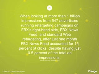 CHANGO.COM/RETARGETING
When looking at more than 1 billion
impressions from 547 advertisers
running retargeting campaigns on
FBX's right-hand side, FBX News
Feed, and standard Web
retargeting, after just one month
FBX News Feed accounted for 15
percent of clicks, despite having just
0.5 percent of the total ad
impressions.
25
Source: CMO.com, November 2013
 