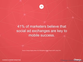 CHANGO.COM/RETARGETING Chango.com/retargeting
41% of marketers believe that
social ad exchanges are key to
mobile success.
32
Source: Chango-Digiday State of the Retargeting Industry Report (SOTI), May 2014.
 