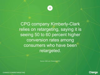 CHANGO.COM/RETARGETING
CPG company Kimberly-Clark
relies on retargeting, saying it is
seeing 50 to 60 percent higher
conversion rates among
consumers who have been
retargeted.
04
Source: CMO.com, November 2013
 
