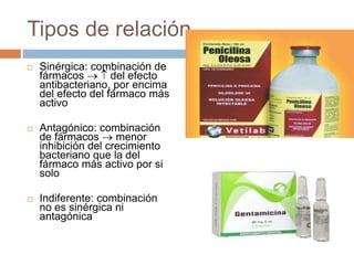Tipos de relación
 Sinérgica: combinación de
fármacos   del efecto
antibacteriano, por encima
del efecto del fármaco más
activo
 Antagónico: combinación
de fármacos  menor
inhibición del crecimiento
bacteriano que la del
fármaco más activo por si
solo
 Indiferente: combinación
no es sinérgica ni
antagónica
 