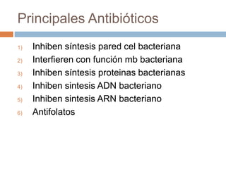 Principales Antibióticos
1) Inhiben síntesis pared cel bacteriana
2) Interfieren con función mb bacteriana
3) Inhiben síntesis proteinas bacterianas
4) Inhiben sintesis ADN bacteriano
5) Inhiben sintesis ARN bacteriano
6) Antifolatos
 