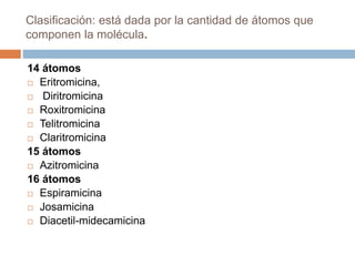 Clasificación: está dada por la cantidad de átomos que
componen la molécula.
14 átomos
 Eritromicina,
 Diritromicina
 Roxitromicina
 Telitromicina
 Claritromicina
15 átomos
 Azitromicina
16 átomos
 Espiramicina
 Josamicina
 Diacetil-midecamicina
 