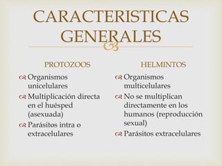 
CARACTERISTICAS
GENERALES
PROTOZOOS
 Organismos
unicelulares
 Multiplicación directa
en el huésped
(asexuada)
 Parásitos intra o
extracelulares
HELMINTOS
 Organismos
multicelulares
 No se multiplican
directamente en los
humanos (reproducción
sexual)
 Parásitos extracelulares
 