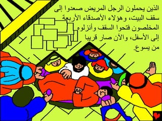 ‫اﻟﺬﻳﻦ ﻳﺤﻤﻠﻮن اﻟﺮﺝﻞ اﻟﻤﺮﻳﺾ ﺻﻌﺪوا إﻟﻰ‬
   ‫ﺱﻘﻒ اﻟﺒﻴﺖ، وهﺆﻻء اﻷﺻﺪﻗﺎء اﻷرﺏﻌﺔ‬
        ‫اﻟﻤﺨﻠﺼﻮن ﻓﺘﺤﻮا اﻟﺴﻘﻒ وأﻧﺰﻟﻮﻩ‬
           ‫إﻟﻰ اﻷﺱﻔﻞ، واﻵن ﺻﺎر ﻗﺮﻳﺒﺎ‬
                            ‫ﻣﻦ ﻳﺴﻮع.‬
 