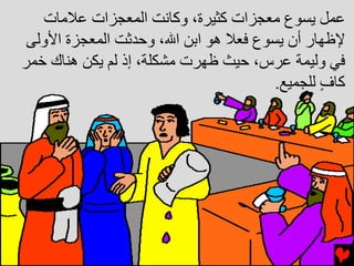 ‫ﻋﻤﻞ ﻳﺴﻮع ﻣﻌﺠﺰات آﺜﻴﺮة، وآﺎﻧﺖ اﻟﻤﻌﺠﺰات ﻋﻼﻣﺎت‬
 ‫ﻹﻇﻬﺎر أن ﻳﺴﻮع ﻓﻌﻼ هﻮ اﺏﻦ اﷲ، وﺡﺪﺙﺖ اﻟﻤﻌﺠﺰة اﻷوﻟﻰ‬
‫ﻓﻲ وﻟﻴﻤﺔ ﻋﺮس، ﺡﻴﺚ ﻇﻬﺮت ﻣﺸﻜﻠﺔ، إذ ﻟﻢ ﻳﻜﻦ هﻨﺎك ﺥﻤﺮ‬
                                       ‫آﺎف ﻟﻠﺠﻤﻴﻊ.‬
                                               ‫ٍ‬
 