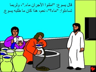 ‫ﻗﺎل ﻳﺴﻮع: "اﻣﻠﺌﻮا اﻷﺝﺮان ﻣﺎء."، وﻟﺮﺏﻤﺎ‬
‫ﺕﺴﺎءﻟﻮا: "ﻣﺎء؟"، ﻧﻌﻢ، هﺬا آﺎن ﻣﺎ ﻃﻠﺒﻪ ﻳﺴﻮع.‬
 