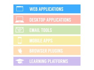 WEB APPLICATIONS
DESKTOP APPLICATIONS
EMAIL TOOLS
MOBILE APPS
LEARNING PLATFORMS
BROWSER PLUGINS
 