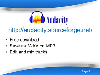 http://audacity.sourceforge.net/ Free download Save as .WAV or .MP3 Edit and mix tracks 