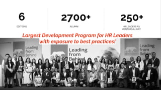 6
EDITIONS
2700+
ALUMNI
250+
HR LEADERS AS
MENTORS & JURY
Largest Development Program for HR Leaders
with exposure to best practices!
 