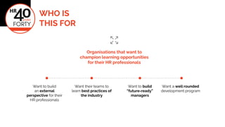 Organisations that want to
champion learning opportunities
for their HR professionals
Want to build
an external
perspective for their
HR professionals
Want to build
future-ready
managers
Want a well rounded
development program
Want their teams to
learn best practices of
the industry
WHO IS
THIS FOR
 