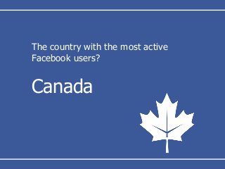 The country with the most active
Facebook users?
Canada
 