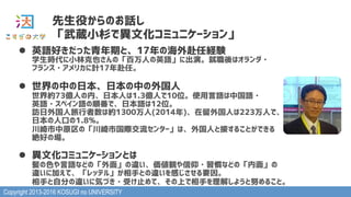 Copyright 2013-2016 KOSUGI no UNIVERSITY
l  英語好きだった青年期と、17年の海外赴任経験 
学生時代に小林克也さんの「百万人の英語」に出演。就職後はオランダ・ 
フランス・アメリカに計17年赴任。
l  世界の中の日本、日本の中の外国人 
世界約73億人の内、日本人は1.3億人で10位。使用言語は中国語・ 
英語・スペイン語の順番で、日本語は12位。 
訪日外国人旅行者数は約1300万人(2014年)、在留外国人は223万人で、 
日本の人口の1.8%。 
川崎市中原区の「川崎市国際交流センター」は、外国人と接することができる 
絶好の場。 
l  異文化コミュニケーションとは 
髪の色や言語などの「外面」の違い、価値観や信仰・習慣などの「内面」の 
違いに加えて、「レッテル」が相手との違いを感じさせる要因。 
相手と自分の違いに気づき・受け止めて、その上で相手を理解しようと努めること。
先生役からのお話し
「武蔵小杉で異文化コミュニケーション」
 