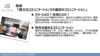Copyright 2013-2016 KOSUGI no UNIVERSITY
発表
「異文化コミュニケーションでの最初のコミュニケーション」
l  ミラーにGO！未来にGO！ 
コミュニケーションで相手だけでなく、自分のことも知ることができる。相手
は自分を映す鏡。多くの人とコミュニケーションすることで自分のことも更に
知ることができる。そのために街に出ること！
l  存在を認めるコミュニケーション 
相手との共通点は「今、ここに一緒にいる」ということ。アフリカの挨拶
は「私はあなたの存在を認めているよ」という意味。一緒に存在してい
る相手への感謝の気持ちを込めて挨拶をする。
 