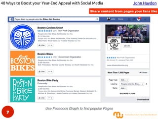 40 Ways to Boost your Year-End Appeal with Social Media John Haydon
Use Facebook Graph to ﬁnd popular Pages
Share content ...