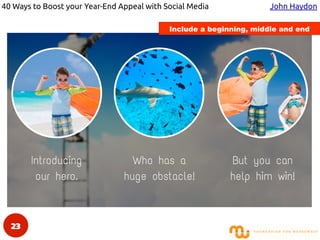 40 Ways to Boost your Year-End Appeal with Social Media John Haydon
middle, and an end.
Introducing
our hero.
Who has a
hu...
