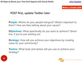 40 Ways to Boost your Year-End Appeal with Social Media John Haydon
POST  ﬁrst,  update  Twi2er  later
People: Where do yo...