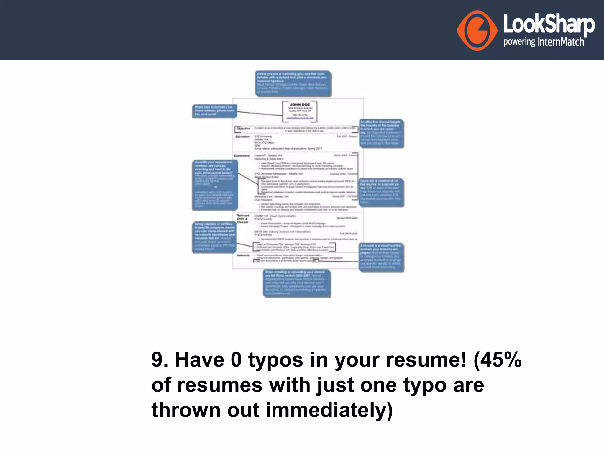 9. Have 0 typos in your resume! (45% 
of resumes with just one typo are 
thrown out immediately) 
 