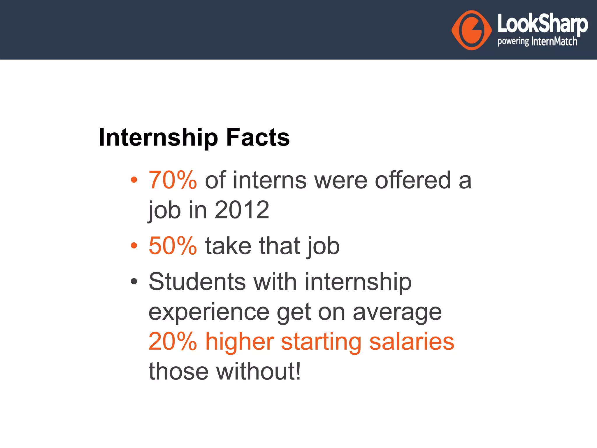 Internship Facts 
• 70% of interns were offered a 
job in 2012 
• 50% take that job 
• Students with internship 
experience get on average 
20% higher starting salaries 
those without! 
 
