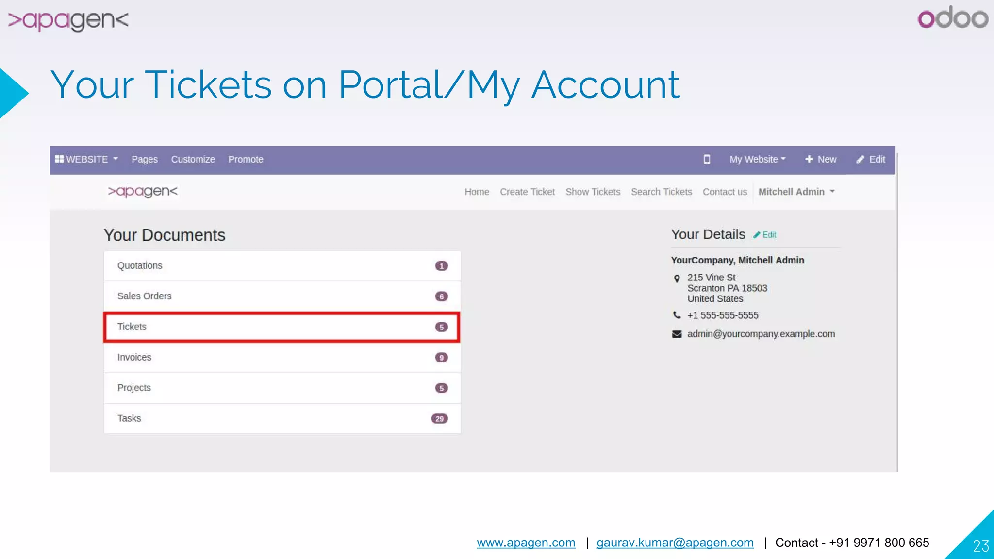 www.apagen.com | gaurav.kumar@apagen.com | Contact - +91 9971 800 665 23
Your Tickets on Portal/My Account
 