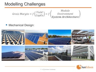 P. 10 | SunEdison Confidential
Modelling Challenges
𝐺𝑟𝑜𝑠𝑠 𝑀𝑎𝑟𝑔𝑖𝑛 = 𝑓
𝑌𝑖𝑒𝑙𝑑
𝐶𝑎𝑝𝐸𝑥
= 𝑓
𝑀𝑜𝑑𝑢𝑙𝑒
𝐸𝑛𝑣𝑖𝑟𝑜𝑛𝑚𝑒𝑛𝑡
𝑺𝒚𝒔𝒕𝒆𝒎 𝑨𝒓𝒄𝒉𝒊𝒕𝒆𝒄𝒕𝒖𝒓𝒆
Mechanical Design: