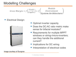 P. 12 | SunEdison Confidential
Modelling Challenges
𝐺𝑟𝑜𝑠𝑠 𝑀𝑎𝑟𝑔𝑖𝑛 = 𝑓
𝑌𝑖𝑒𝑙𝑑
𝐶𝑎𝑝𝐸𝑥
= 𝑓
𝑀𝑜𝑑𝑢𝑙𝑒
𝐸𝑛𝑣𝑖𝑟𝑜𝑛𝑚𝑒𝑛𝑡
𝑺𝒚𝒔𝒕𝒆𝒎 𝑨𝒓𝒄𝒉𝒊𝒕𝒆𝒄𝒕𝒖𝒓𝒆
Electrical Design:
Optimal inverter capacity
Does the DC:AC ratio metric make
sense for bifacial modules?
Requirements for multiple MPPT
windows or string-/micro-inverters;
can they handle the additional
current?
Implications for DC wiring
Interpretation of electrical codes
Image courtesy of Sungrow