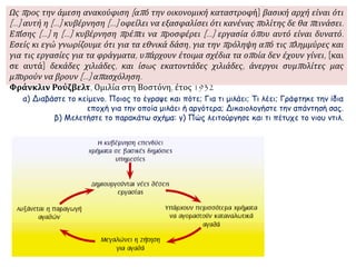 Ως προς την άμεση ανακούφιση [από την οικονομική καταστροφή] βασική αρχή είναι ότι
[...] αυτή η [...] κυβέρνηση […] οφείλει να εξασφαλίσει ότι κανένας πολίτης δε θα πεινάσει.
Επίσης [...] η [...] κυβέρνηση πρέπει να προσφέρει [...] εργασία όπου αυτό είναι δυνατό.
Εσείς κι εγώ γνωρίζουμε ότι για τα εθνικά δάση, για την πρόληψη από τις πλημμύρες και
για τις εργασίες για τα φράγματα, υπάρχουν έτοιμα σχέδια τα οποία δεν έχουν γίνει, [και
σε αυτά] δεκάδες χιλιάδες, και ίσως εκατοντάδες χιλιάδες, άνεργοι συμπολίτες μας
μπορούν να βρουν [...] απασχόληση.
Φράνκλιν Ρούζβελτ, Ομιλία στη Βοστόνη, έτος 1932
α) Διαβάστε το κείμενο. Ποιος το έγραψε και πότε; Για τι μιλάει; Τι λέει; Γράφτηκε την ίδια
εποχή για την οποία μιλάει ή αργότερα; Δικαιολογήστε την απάντησή σας.
β) Μελετήστε το παρακάτω σχήμα: γ) Πώς λειτούργησε και τι πέτυχε το νιου ντιλ.
 