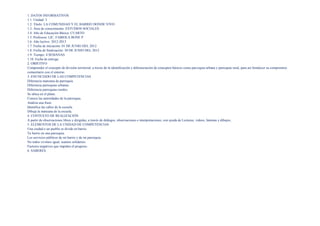 1. DATOSINFORMATIVOS
1.1. Unidad: 3
1.2. Título: LA COMUNIDADYEL BARRIO DONDEVIVO
1.3. Área de conocimiento: ESTUDIOS SOCIALES
1.4. Año de Educación Básica: CUARTO
1.5. Profesora: LIC. FABIOLA BONEP
1.6. Año lectivo: 2012-2013
1.7. Fecha de iniciación: 01 DE JUNIO DEL 2012
1.8. Fecha de finalización: 30 DE JUNIO DEL 2012
1.9. Tiempo: 4 SEMANAS
1.10. Fecha de entrega:
2. OBJETIVO
Comprender el concepto de división territorial, a través de la identificación y diferenciación de conceptos básicos como parroquia urbana y parroquia rural, para así fortalecer su compromiso
comunitario con el entorno.
3. ENUNCIADO DELAS COMPETENCIAS
Diferencia manzana de parroquia.
Diferencia parroquias urbanas.
Diferencia parroquias rurales.
Se ubica en el plano.
Conoce las autoridades de la parroquia.
Analiza una frase.
Identifica las calles de la escuela.
Dibuja la manzana de la escuela.
4. CONTEXTO DEREALIZACIÓN
A partir de observaciones libres y dirigidas; a través de diálogos, observaciones e interpretaciones; con ayudade Lecturas, videos, láminas y dibujos.
5. ELEMENTOSDE LA UNIDAD DE COMPETENCIAS
Una ciudad o un pueblo se divide en barrio.
Tu barrio en una parroquia.
Los servicios públicos de mi barrio y de mi parroquia.
No todos vivimos igual, seamos solidarios.
Factores negativos que impiden el progreso.
6. SABERES
 