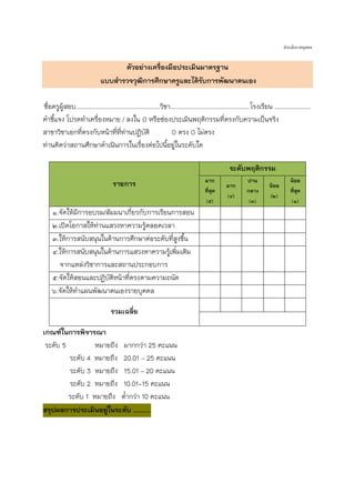 ประเมินรายบุคคล

ตัวอย่างเครื่องมือประเมินมาตรฐาน
แบบส่ารวจวุฒการศึกษาครูและได้รับการพัฒนาตนเอง
ิ
ชื่อครูผสอบ.................................................วิชา.............................................. โรงเรียน .....................
ู้
คาชีแจง โปรดทาเครื่องหมาย / ลงใน O หรือช่องประเมินพฤติกรรมที่ตรงกับความเป็นจริง
้
สาขาวิชาเอกที่ตรงกับหน้าที่ที่ท่านปฏิบัติ
O ตรง O ไม่ตรง
ท่านคิดว่าสถานศึกษาดาเนินการในเรื่องต่อไปนีอยู่ในระดับใด
้
ระดับพฤติกรรม
รายการ
๑.จัดให้มการอบรม/สัมมนาเกี่ยวกับการเรียนการสอน
ี
๒.เปิดโอกาสให้ท่านแสวงหาความรูตลอดเวลา
้
๓.ให้การสนับสนุนในด้านการศึกษาต่อระดับที่สูงขึ้น
๔.ให้การสนับสนุนในด้านการแสวงหาความรูเพิ่มเติม
้
จากแหล่งวิชาการและสถานประกอบการ
๕.จัดให้สอนและปฏิบัติหน้าที่ตรงตามความถนัด
๖.จัดให้ทาแผนพัฒนาตนเองรายบุคคล
รวมเฉลี่ย
เกณฑ์ในการพิจารณา
ระดับ 5
หมายถึง มากกว่า 25 คะแนน
ระดับ 4 หมายถึง 20.01 – 25 คะแนน
ระดับ 3 หมายถึง 15.01 – 20 คะแนน
ระดับ 2 หมายถึง 10.01-15 คะแนน
ระดับ 1 หมายถึง ต่ากว่า 10 คะแนน
สรุปผลการประเมินอยู่ในระดับ .........

มาก
ที่สุด
(๕)

มาก
(๔)

ปาน
กลาง
(๓)

น้อย
(๒)

น้อย
ที่สุด
(๑)

 