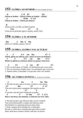 68
153- GLÓRIA AO SENHOR (Pe. José Cândido da Silva)
D A D B7 Em
Glória ao Senhor – Glória! Glória ao Senhor – Glória!
A D Bm G A D
Glória ao Senhor – Glória nas alturas!
D
Glória ao Pai, ao Filho, ao Santo Espírito.
F#m A7 D
Como era no princípio agora e sempre, amém! (bis)
154- GLÓRIA A TI, SENHOR
Dm A Dm G Dm
Glória a ti, Senhor, graças e louvor!
155- GLÓRIA, GLÓRIA NAS ALTURAS
C F G C Am Dm G7 C
Glória, glória nas alturas, paz e amor na terra aos homens!
C F G C Am Bm G7 C
Dêem-vos glória as criaturas, dêem-vos graças e louvores!
C G7 C Am D7 G7
1. Nós vos louvamos, ó Criador: vos bendizemos por vosso amor.
2. Nós vos louvamos, Senhor Jesus: vos aclamamos por vossa cruz.
3. Espírito Santo, Consolador: vós que dais vida e sois Senhor.
156- HÁ TODO UM POVO (Ir. Cecília Vaz Castilho)
C Am C Am Dm
1. Há todo um povo que se levanta, é imenso o seu clamor.
G7 Dm G7 C G7
Tem um só grito preso à garganta, não engoliu sua dor.
C C7 F
A sua luta o fez tão forte! Ganha até se perder.
F C A7 Dm G7 C (C7)
Deus é sua força, sua teimosia, a razão de seu viver. (bis)
2. Há todo um povo que não tem nada, sua lei é repartir.
Tem uma história pobre e calada, não interessa ouvir.
Sua bandeira é a esperança presa nas duas mãos.
3. Hoje a alegria de fé tamanha faz a celebração.
Diz que a vitória não é estranha para quem deu as mãos.
Deus, neste povo, mostra o futuro, tudo que vai nascer.
 