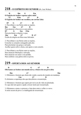 96
218 - O ESPÍRITO DO SENHOR (Pe. José Weber)
D Bm G Em
O Espírito do Senhor repousa sobre mim!
A7 F#m A7 D
O Espírito do Senhor me escolheu, me enviou! (bis)
D7 G A7 D
1. Para dilatar o seu Reino entre as nações,
Bm Em A7 D
Para anunciar a boa nova a seus pobres.
D7 G Em F#m
Para proclamar a alegria e a paz,
Bm Em A7 D A7
Exulto de alegria em Deus meu Salvador.
2. Para dilatar o seu Reino entre as nações,
Consolar os corações esmagados pela dor.
Para proclamar sua graça e salvação,
Acolher quem sofre e chora, sem apoio e sem consolo.
3. Para dilatar o seu Reino entre as nações,
Para anunciar libertação e salvação.
Para anunciar seu amor e seu perdão,
Para celebrar a sua glória entre os povos.
219 - OFERTAMOS AO SENHOR
D G A7 D
Ofertamos ao Senhor um mundo novo, o futuro do seu povo (bis)
Dm A7 Dm
1. Ofertamos o homem que chora não vendo a aurora do mundo em mudança.
Gm A7 D
E ofertamos a esperança dos que descobrem a ressurreição.
2. Ofertamos o homem que espera por nova era de vida em plenitude.
E o que não tem quem o ajude a trocar morte por ressurreição.
3. Ofertamos a meta e a procura, a luta dura entre o velho e o novo.
A noite escura do povo e a madrugada da ressurreição.
 