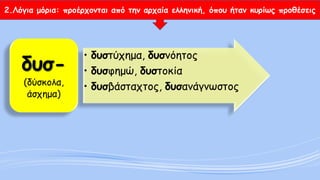 2.Λόγια μόρια: προέρχονται από την αρχαία ελληνική, όπου ήταν κυρίως προθέσεις 
•δυστύχημα, δυσνόητος 
•δυσφημώ, δυστοκία 
•δυσβάσταχτος, δυσανάγνωστοςδυσ- (δύσκολα, άσχημα)  