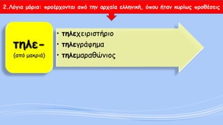 2.Λόγια μόρια: προέρχονται από την αρχαία ελληνική, όπου ήταν κυρίως προθέσεις 
•τηλεχειριστήριο 
•τηλεγράφημα 
•τηλεμαραθώνιοςτηλε- (από μακριά)  