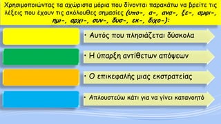 Χρησιμοποιώντας τα αχώριστα μόρια που δίνονται παρακάτω να βρείτε τις λέξεις που έχουν τις ακόλουθες σημασίες (υπο-, α-, ανα-, ξε-, αμφι-, ημι-, αρχι-, συν-, δυσ-, εκ-, διχο-): 
•Αυτός που πλησιάζεται δύσκολα 
•Η ύπαρξη αντίθετων απόψεων 
•Ο επικεφαλής μιας εκστρατείας 
•Απλουστεύω κάτι για να γίνει κατανοητό  