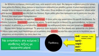 Προθέσεις: 
ανά: αναγέννηση (=πάλι), . ανακαλώ (=πίσω) 
κατά- 
παρά- 
από- 
προς- 
Να εντοπίσετε στο κείμενο 1 σύνθετες λέξεις με αχώριστα μόρια 
13 
15 
16 
17 
19  