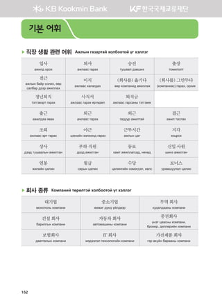 162
▶ 직장 생활 관련 어휘 Ажлын газартай холбоотой үг хэллэг
입사
ажилд орох
퇴사
ажлаас гарах
승진
тушаал дэвших
출장
томилолт
전근
ажлын байр солих, өөр
салбар дээр ажиллах
이직
ажлаас халагдах
(회사를) 옮기다
өөр компанид ажиллах
(회사를) 그만두다
(компаниас) гарах, орхих
정년퇴직
тэтгэвэрт гарах
사직서
ажлаас гарах өргөдөл
퇴직금
ажлаас гарсаны тэтгэмж
출근
ажилдаа явах
퇴근
ажлаас тарах
외근
гадуур ажилтай
결근
ажил таслах
조퇴
ажлаас эрт тарах
야근
шөнийн ээлжинд гарах
근무시간
ажлын цаг
지각
хоцрох
상사
дээд тушаалын ажилтан
부하직원
доод ажилтан
동료
хамт ажиллагсад, нөхөд
신입사원
шинэ ажилтан
연봉
жилийн цалин
월급
сарын цалин
수당
цалингийн нэмэгдэл, хөлс
보너스
урамшуулал цалин
▶ 회사 종류 Компаний төрөлтэй холбоотой үг хэллэг
대기업
монополь компани
중소기업
жижиг дунд үйлдвэр
무역회사
худалдааны компани
건설회사
барилгын компани
자동차회사
автомашины компани
증권회사
үнэт цаасны компани,
брокер, диллерийн компани
보험회사
даатгалын компани
IT회사
мэдээлэл технологийн компани
가전제품회사
гэр ахуйн барааны компани
기본 어휘
����������� 4_��(��) 2�_2�.indb 162 2013-10-02 �� 3:37:21
 