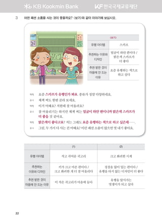 22
3 어떤 패션 소품을 사는 것이 좋을까요? 보기와 같이 이야기해 보십시오.
보기
유행 아이템 스카프
추천하는 이유와
디자인
얼굴이하얀편이다/
밝은색스카프가
더좋다
추천 받은 것이
마음에 안 드는
이유
요즘유행하는색으로
하고싶다
체첵 요즘스카프가 유행인가 봐요.종류가정말다양하네요.
유나 체첵씨도한번골라 보세요.
체첵 이거어때요?저한테 잘어울려요?
유나 잘 어울리기는 하지만 체첵 씨는 얼굴이 하얀 편이니까 밝은색 스카프가
더 좋을 것 같아요.
체첵 밝은색이 좋다고요?저는그래도요즘 유행하는 색으로 하고 싶은데…….
유나 그럼,두가지다사는건어때요?이런패션소품이많으면멋내기좋아요.
(1) (2)
유행 아이템 작고귀여운귀고리 크고화려한시계
추천하는
이유와 디자인
키가크고마른편이다/
크고화려한게더잘어울리다
정장을많이입는편이다/
유행을타지않는디자인이더좋다
추천 받은 것이
마음에 안 드는 이유
이작은귀고리가마음에들다
유행을앞서가는
멋쟁이가되고싶다
����������� 4_��(��) 2�_2�.indb 22 2013-10-02 �� 3:36:39
 